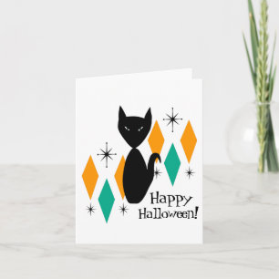 Middenmidden moderne zwarte kat Happy Halloween Kaart