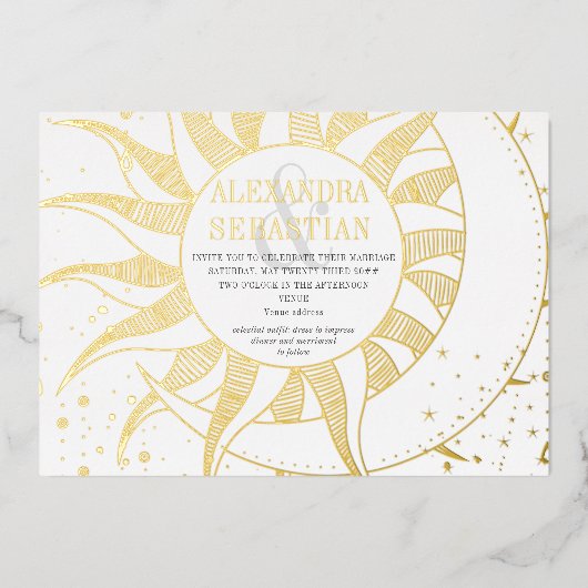 Middennachtsterren Maan Zon Hemelse Trouw Zilver Folie Uitnodiging (Voorkant)