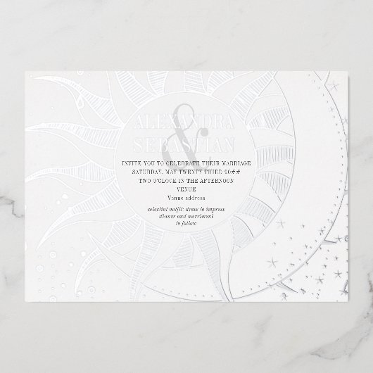 Middennachtsterren Maan Zon Hemelse Trouw Zilver Folie Uitnodiging (Voorkant)