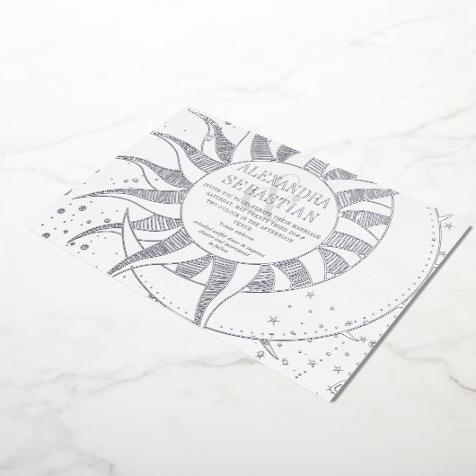 Middennachtsterren Maan Zon Hemelse Trouw Zilver Folie Uitnodiging (Gedraaid)