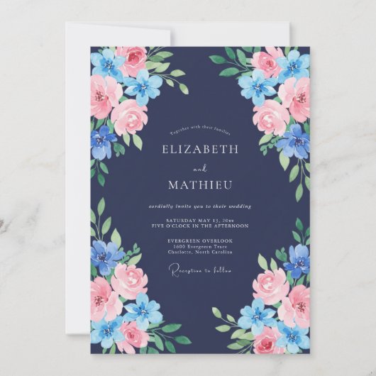 Middernacht Azuur Roze Bruiloft Kaart (Voorkant)