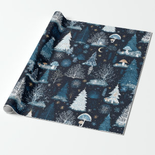 Middernacht Blauw Besneeuwd Woud Fantasievolle Win Cadeaupapier
