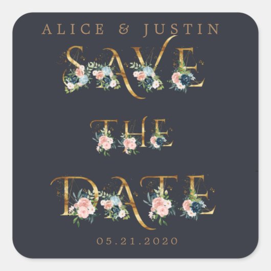 middernacht blauw floral gold save the date sticke vierkante sticker (Voorkant)