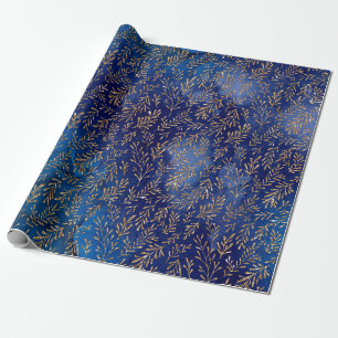 Middernacht Blauw Goudblad Elegant Effect Cadeaupapier
