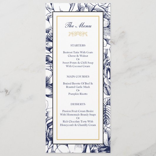 Middernacht Blauw & Gouden Bloem Bruiloftsmenu Kaa Menu (Voorkant)