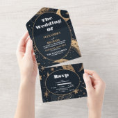 Middernacht Blauw Gouden Hemels Huwelijk All In One Uitnodiging (Afscheurbaar)