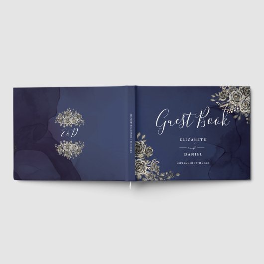 Middernacht Blauwe Gotische Bloemrozen Bruiloft Gastenboek (Volledig)