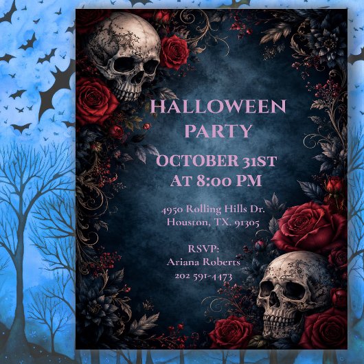 Middernacht Bloemenschedel Halloween-feest Kaart