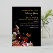 Middernacht Bloemige Bruiloft Folie Uitnodiging (Staand Voorkant)