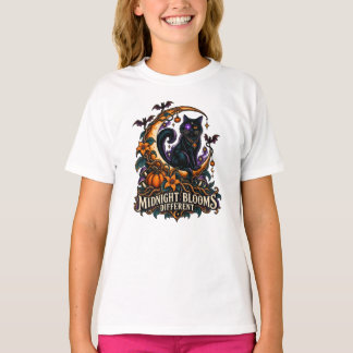 Middernacht Bloesemt Zwarte Kat Halloween T-shirt