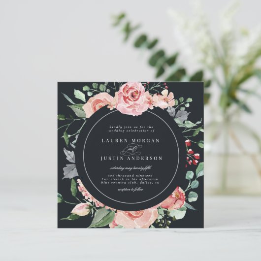 middernacht bloom elegant floral square Wedding Kaart (Staand voorkant)