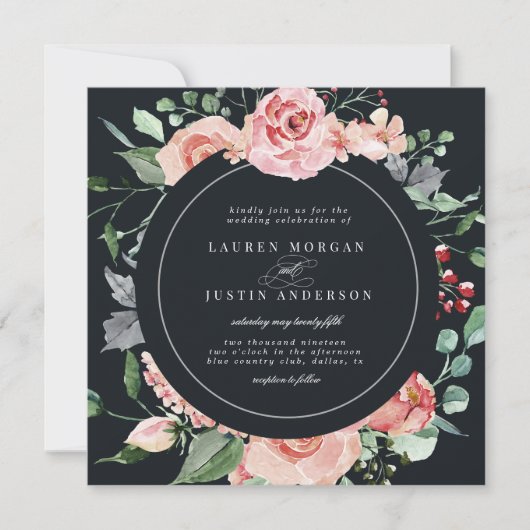 middernacht bloom elegant floral square Wedding Kaart (Voorkant)