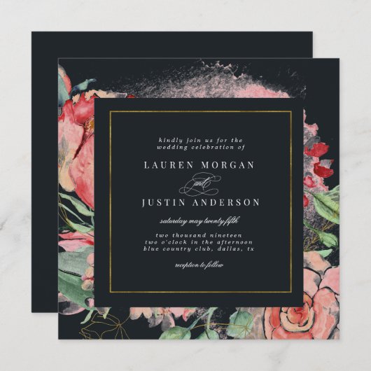 middernacht bloom elegant floral square Wedding Kaart (Voorkant / Achterkant)