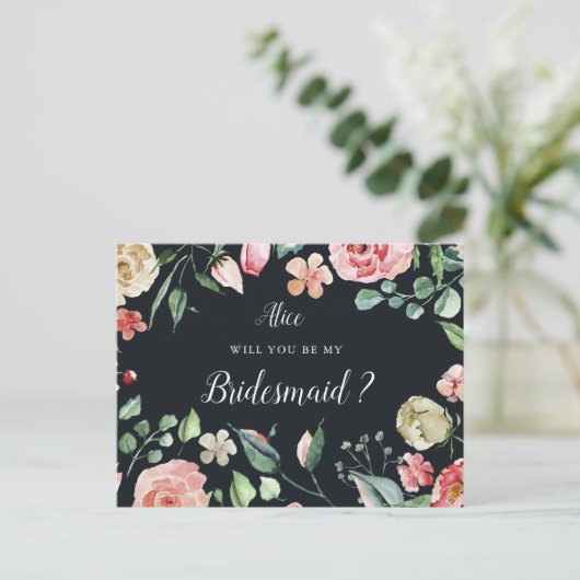 middernacht bloom floral bridesmaid Invitation Briefkaart (Staand voorkant)