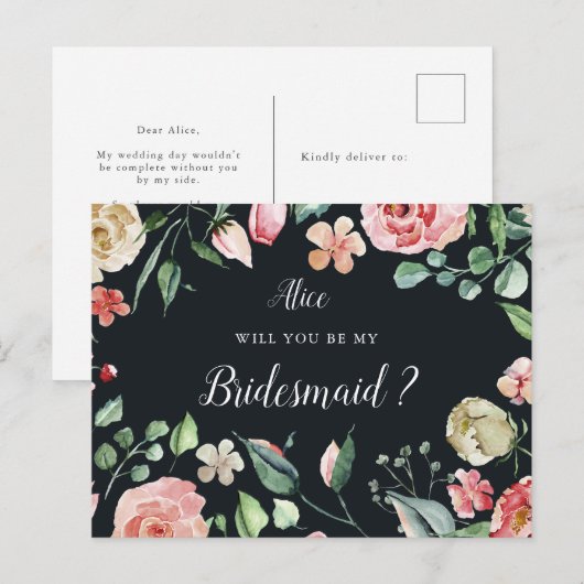 middernacht bloom floral bridesmaid Invitation Briefkaart (Voorkant / Achterkant)