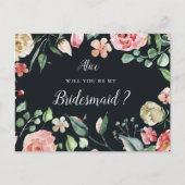 middernacht bloom floral bridesmaid Invitation Briefkaart (Voorkant)