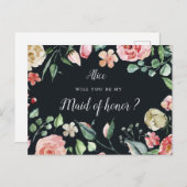 middernacht bloom floral Maid of Honor Invitation Briefkaart (Voorkant / Achterkant)