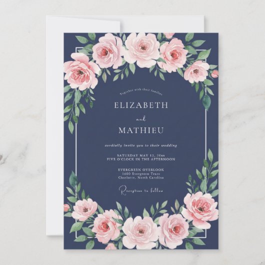 Middernacht Blush Petal Bruiloft Kaart (Voorkant)