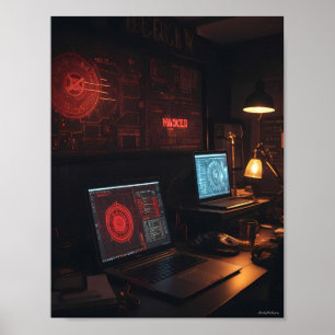 Middernacht Cyber Spanning in een Schaduw Kamer Po Poster