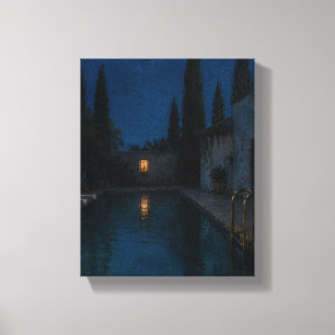 Middernacht Cypressenbad – Stemmige Blauwe Kunst Canvas Afdruk