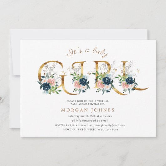 middernacht floral gold script baby shower uitnodi (Voorkant)