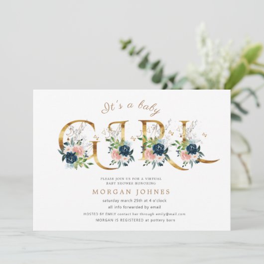 middernacht floral gold script baby shower uitnodi (Staand voorkant)