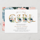 middernacht floral gold script baby shower uitnodi (Voorkant / Achterkant)
