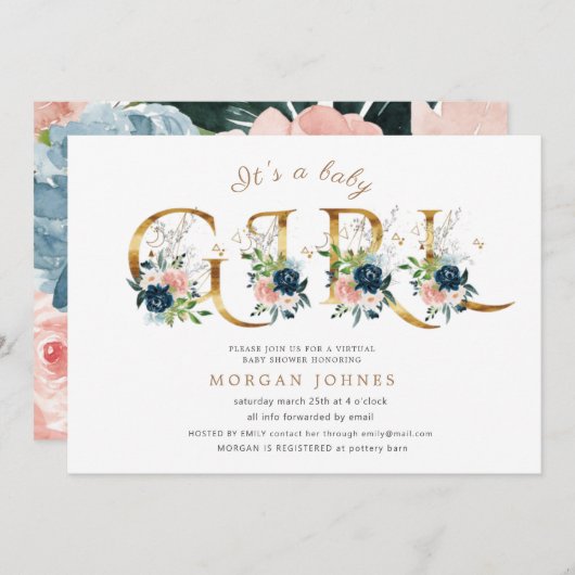 middernacht floral gold script baby shower uitnodi (Voorkant / Achterkant)