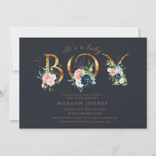 middernacht floral gold script baby shower uitnodi (Voorkant)