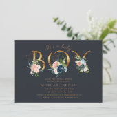 middernacht floral gold script baby shower uitnodi (Staand voorkant)