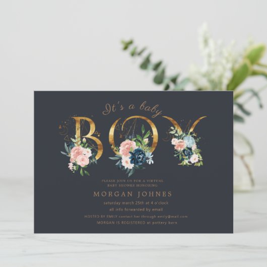 middernacht floral gold script baby shower uitnodi (Staand voorkant)