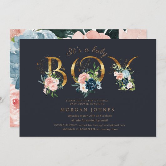 middernacht floral gold script baby shower uitnodi (Voorkant / Achterkant)