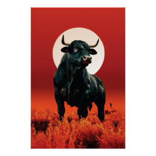 Middernacht Fury – Majestueuze Zwarte Stier Onder  Perfect Poster