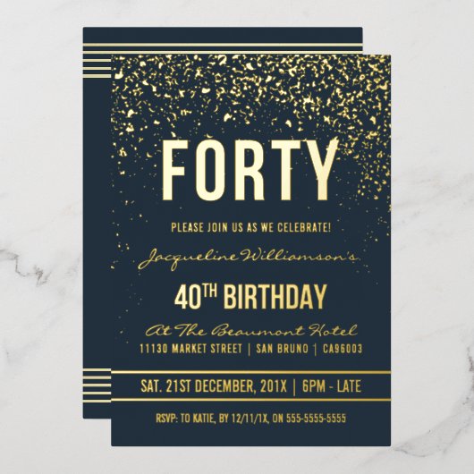Middernacht | Gouden Confetti 40e verjaardag Folie Uitnodiging (Voorkant / Achterkant)
