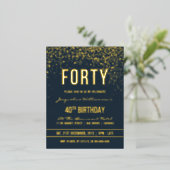 Middernacht | Gouden Confetti 40e verjaardag Folie Uitnodiging Briefkaart (Staand Voorkant)