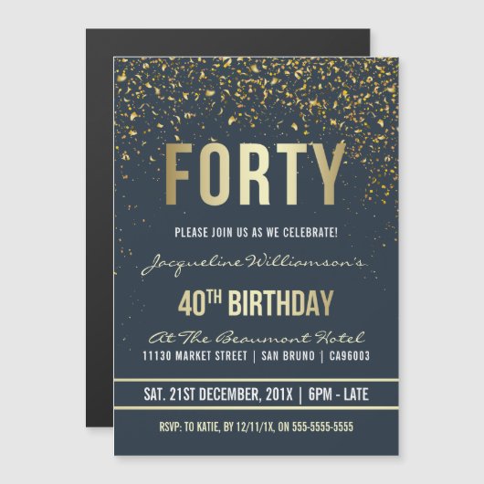 Middernacht | Gouden Confetti 40e verjaardag Magnetische Uitnodiging (Voorkant / Achterkant)