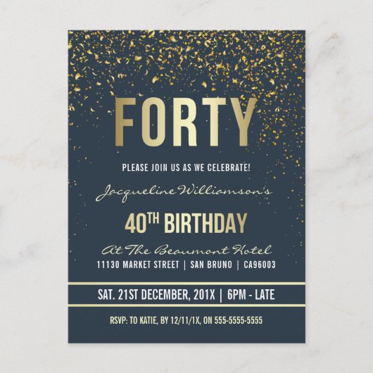 Middernacht | Gouden Confetti 40ste Verjaardagsfee Uitnodiging Briefkaart (Voorkant)