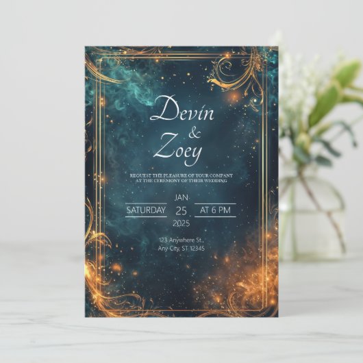 Middernacht Gouden Hemelse Elegantie Bruiloft Kaart (Staand voorkant)