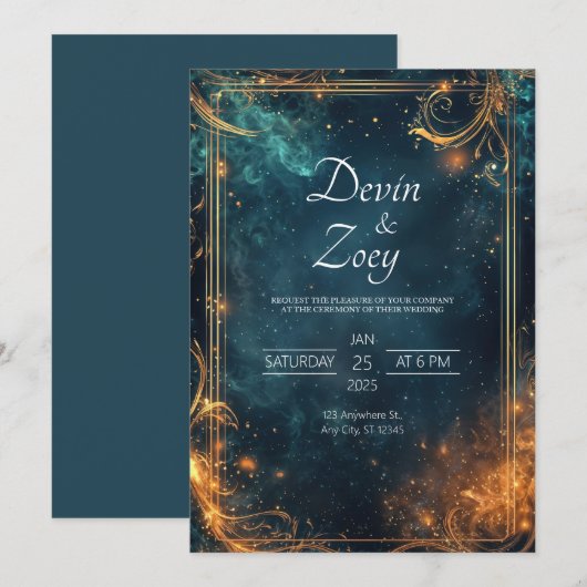 Middernacht Gouden Hemelse Elegantie Bruiloft Kaart (Voorkant / Achterkant)