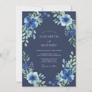 Middernacht Indigo Wilde Bloemen Bruiloft Kaart
