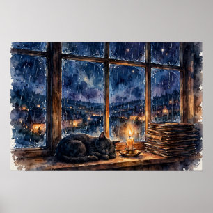 Middernacht Lofi Kat Kunstprint — Gezellige Kat Po Poster