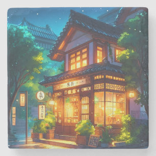 Middernacht Matcha – Gezellige Japanse Lofi Café Stenen Onderzetter