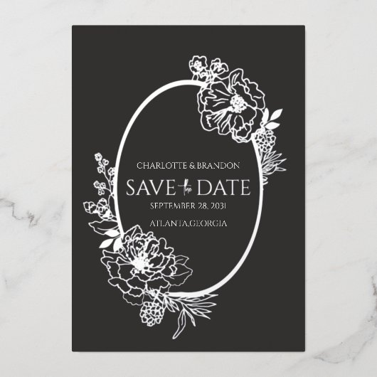 Middernacht Moderne Bloemenschets Boog Bewaar de D Folie Uitnodiging (Voorkant)