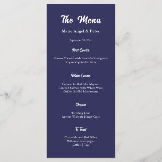 Middernacht Navy Blauwe Monogram Huwelijksreceptie Menu