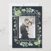 Middernacht Navy Blauwe Succulente Trouwfoto Save The Date (Voorkant)