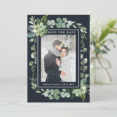 Middernacht Navy Blauwe Succulente Trouwfoto Save The Date (Staand voorkant)