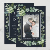 Middernacht Navy Blauwe Succulente Trouwfoto Save The Date (Voorkant / Achterkant)