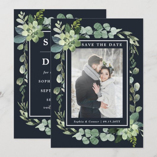 Middernacht Navy Blauwe Succulente Trouwfoto Save The Date (Voorkant / Achterkant)