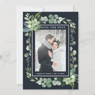 Middernacht Navy Blauwe Succulente Trouwfoto Save The Date
