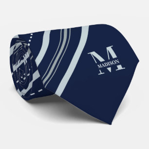 Middernacht Navy & Grijze Streep met Monogram & Na Stropdas
